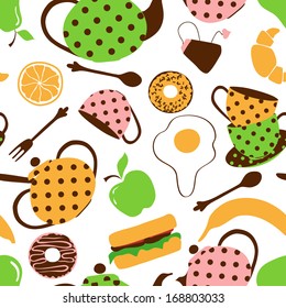 Colorful seamless pattern of tea set and breakfast food