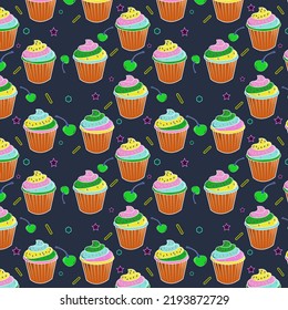 Colorful seamless pattern of tenne tawny color cupcake with Persian pink titanium yellow, yellow green color wheel color frosting and topping on space cadet background. textile design, wallpaper.