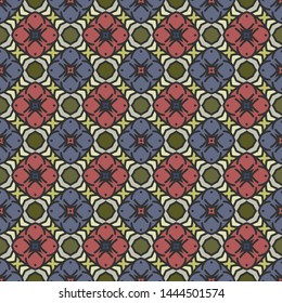Colorful seamless pattern for textile and design in gold, red and blue. 