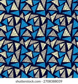 Patrón inconsútil colorido con triángulos texturizados. Fondo dibujado a mano para su diseño. Textil, embalaje, decoración de blog, Anuncio, cartel, papel de embalaje. Vector. 