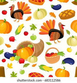 Colorful seamless pattern with thanksgiving symbols - turkey, pumpkin, pilgrim hat, corn, pie, horn of abundance, cartoon vector illustration on white background. Thanksgiving seamless pattern
