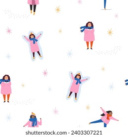 Colorful seamless pattern with tiny people doing different activities. Seasonal design with funny characters