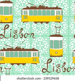 Colorful seamless pattern with tipical Lisbon tram. Vector illustration