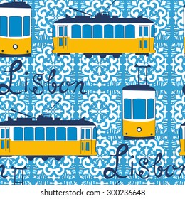 Colorful seamless pattern with tipical Lisbon tram. Vector illustration