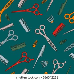 Colorful seamless pattern with tools for barber shop, hand drawn icons. Collection of scissors, combs and hairpins. Decorative wallpaper, good for printing. Design background
