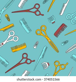 Colorful seamless pattern with tools for barber shop, hand drawn icons. Collection of scissors, combs and hairpins for hair. Decorative wallpaper, good for printing. Design background