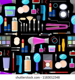 Colorful seamless pattern of tools for makeup and beauty on black background