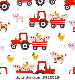 Colorful seamless pattern with tractor with farm animals - cows and pigs, chickens in cartoon style for childish beddings, ornament for backdrop or wallpaper