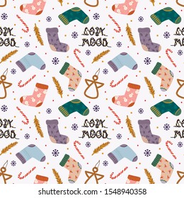 Colorful seamless pattern with traditional winter elements for Christmas and New 2020 Year in Hygge style. Scandinavian background. Cozy winter season. Template for packaging, cards, invitations.