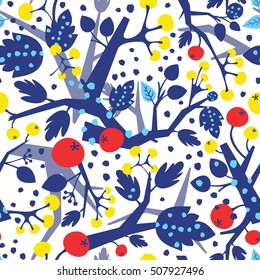 Colorful seamless pattern with tree branches and berries in Christmas colors. Can be used as wrapping paper, textile or wallpaper design