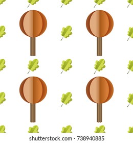 Colorful seamless pattern of trees and leaves cut out of paper Vector forest illustration on white background. Simple cartoon flat style. The best for design textile fabric paper, wallpaper, kids