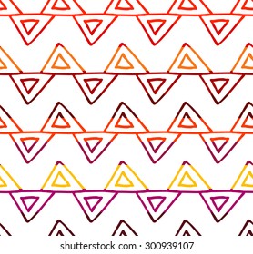 Colorful seamless pattern with triangle and sun elements separated by color stripes on white background.