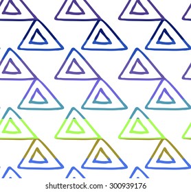 Colorful seamless pattern with triangle and sun elements separated by color stripes on white background.