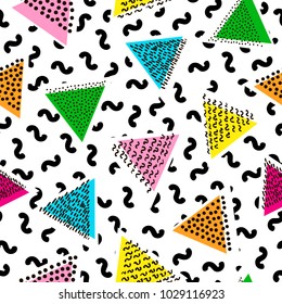 Colorful seamless pattern from triangles. Bright background. 80's - 90's years design style. Trendy. Vector illustration