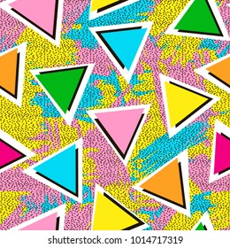 Colorful seamless pattern from triangles on the bright brush strokes background and black dots. 80's - 90's years design style. Trendy. Vector illustration