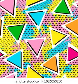 Colorful seamless pattern from triangles on the bright brush strokes background and black dots. 80's - 90's years design style. Trendy. Vector illustration