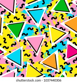 Colorful seamless pattern from triangles on the bright brush strokes background. 80's - 90's years design style. Trendy. Vector illustration