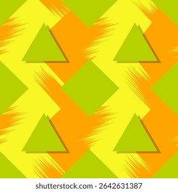 Colorful seamless pattern from triangles on the bright brush strokes background. 80 s - 90 s years design style. Trendy. Vector illustration.