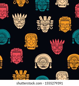 Colorful Seamless Pattern With Tribal Masks. Inka, Maya And Aztec Traditional Symbols. Hand Drawn Masks In Bright Colors. Black Background. Vector Print.