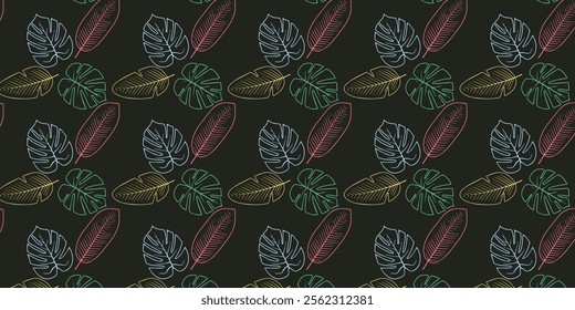 colorful Seamless pattern with tropical. Abstract monstera leaves, palm trees pattren background