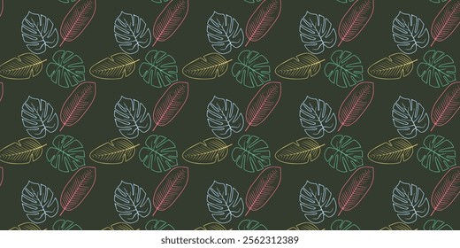 colorful Seamless pattern with tropical. Abstract monstera leaves, palm trees pattren background