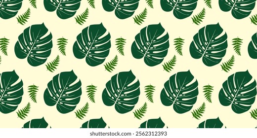 colorful Seamless pattern with tropical. Abstract monstera leaves, palm trees pattren background