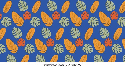 colorful Seamless pattern with tropical. Abstract monstera leaves, palm trees pattren background