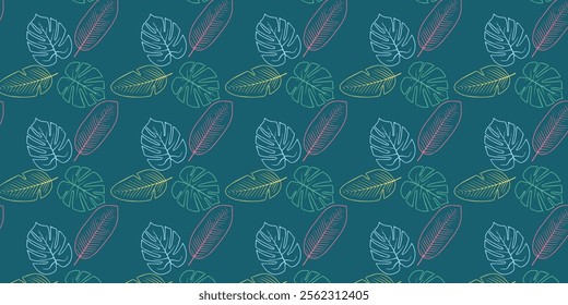 colorful Seamless pattern with tropical. Abstract monstera leaves, palm trees pattren background