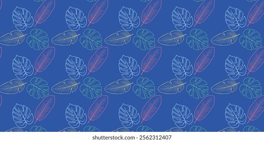 colorful Seamless pattern with tropical. Abstract monstera leaves, palm trees pattren background