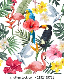 colorido patrón sin fisuras de flores tropicales e ilustración de un vector de aves exóticas