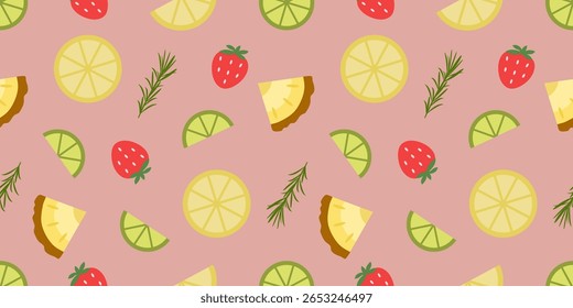 Padrão colorido sem emenda com fatias de frutas tropicais, morangos, limões, limas, abacaxis e ervas. Diversão e design de verão para embalagem, convites, embalagem, têxteis e impressões digitais