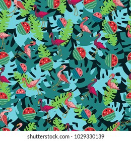 Colorful seamless pattern with tropical greenery, watermelons and flamingo.