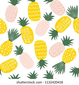 Colorful seamless pattern with tropical hand drawn pineapples. Vector modern background.