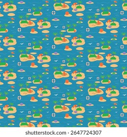 A colorful seamless pattern with tropical islands, beach umbrellas, palm trees, sea waves, shells, and beach balls. Perfect for summer-themed fabrics, packaging, wallpapers, and vacation designs.