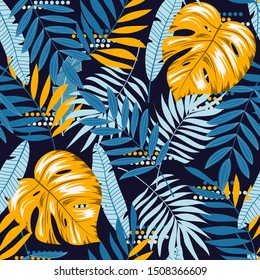 Colorful seamless pattern with tropical leaves on dark background. Summer background with exotic leaves. Beautiful seamless vector floral pattern.