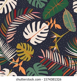 Colorful seamless pattern. Tropical leaves on a light background. Floral seamless vector tropical pattern background with exotic leaves, jungle leaf. Vector background for various surface.