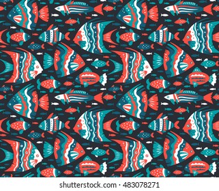 Colorful seamless pattern with tropical marine fish. Vector texture can be used for fabric, wrapping paper, greeting cards, stationery and gift products.