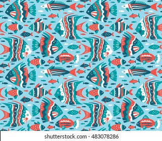 Colorful seamless pattern with tropical marine fish. Vector texture can be used for fabric, wrapping paper, greeting cards, stationery and gift products.