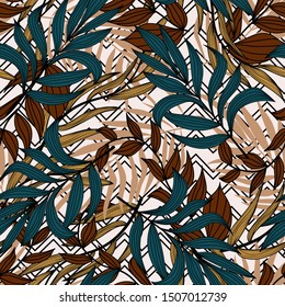 Colorful seamless pattern, tropical plants and leaves. Vector design. Jungle leaf seamless vector floral pattern background. Beautiful exotic plants. Trendy summer Hawaii print.