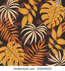 Colorful seamless pattern with tropical plants. Floral seamless vector tropical pattern background with exotic leaves, jungle leaf. Vector background for various surface. 