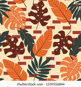 Colorful seamless pattern with tropical plants and leaves. Floral seamless vector tropical pattern background with exotic leaves, jungle leaf. Vector background for various surface. 
