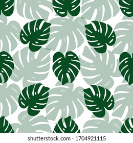 Colorful seamless pattern with tropical plants on white background. Modern tropical poster template. Hand painted summer print with tropical leaves. Vector