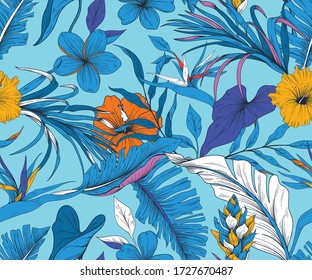 Colorful seamless pattern with tropical plants