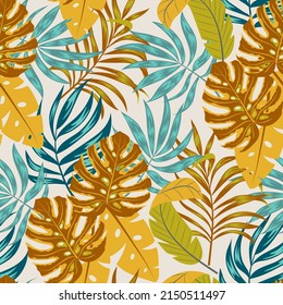 Colorful seamless pattern with tropical plants and leaves. Tropical background with exotic leaves. Floral design for fabric, paper, cover, interior decor and other users.