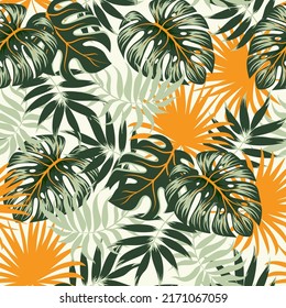 Colorful seamless pattern with tropical plants and leaves. Summer background with exotic leaves. Floral design for fabric, paper, cover, interior decor and other users.