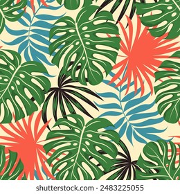 Colorful seamless pattern. Tropical plants and leaves on bright background. Exotic wallpaper, creative abstract pattern. Jungle leaves. Botanical pattern. Vector design for various surface.