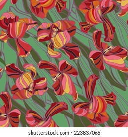Colorful seamless pattern with tulip flowers and leaves
