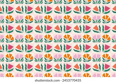 Colorful seamless pattern with tulip flowers. Floral checkered background. Modern trendy hippie minimal style. Surface cover design. Fabric textile print.