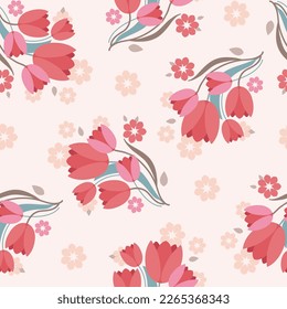 Patrón inmaculado de color con tulipanes y flores para tela, ropa, fondo, textil, papel pintado. Ilustración vectorial plana con flores de colores pastel.