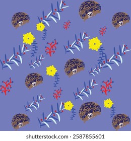 Colorful seamless pattern with turtles, plants. Decorative cute background, funny reptiles. Tortoise.